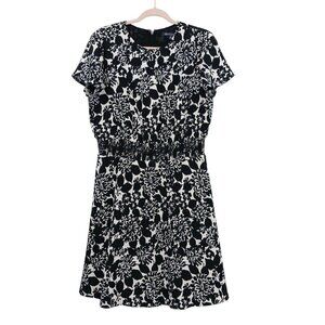 Brooks Brothers Black White Floral Print Dress Smocked Waist Pockets